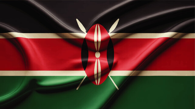 Realistic waving flag of Kenya with Maasai shield and spears, national patriotism background for travel, culture and independence themes