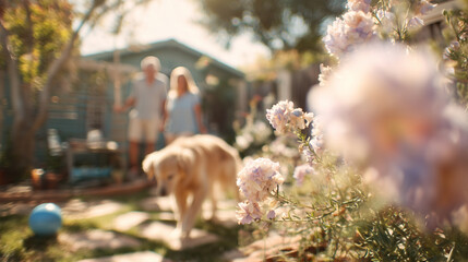 Obraz na płótnie Canvas A senior couple delights in the warmth of a sunny day as they spend quality time outdoors playing joyfully with their beloved dog in a vibrant garden filled with a stunning array of colorful flowers