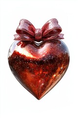 Glossy red heart ornament with textured bow on top, isolated on a white background.