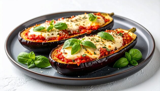 Delicious baked eggplant halves filled with tomato sauce and melted cheese on a plate