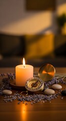 A cozy scene featuring a lit candle, a vintage compass, lavender sprigs, and smooth stones arranged on a wooden surface creating a calming atmosphere