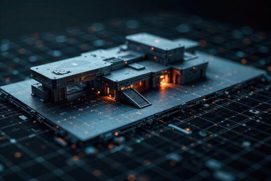 The process of architectural modeling and conceptualization with digital tools. Abstract visualization of architectural wireframe models and holographic projections overlaid on a digital grid. - Powered by Adobe