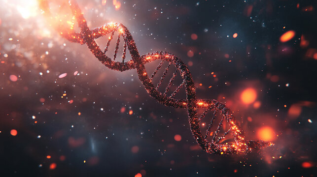 Floating DNA helix in a cosmic space environment, glowing with energy, symbolizing life, genetics, science, evolution, and the mystery of the universe.