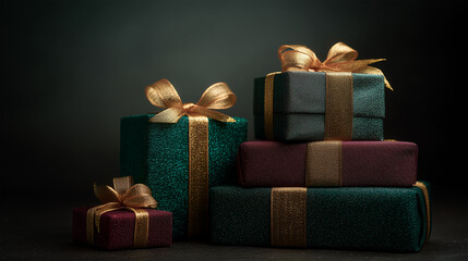 Beautifully wrapped Christmas gifts in deep green and burgundy colors with golden ribbons showcase the festive spirit during the holiday season, perfect for creating a warm atmosphere in any home