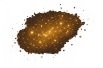 Golden glitter bokeh burst with glowing light particles on transparent background for festive design overlay