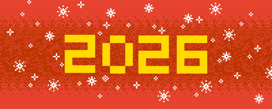 2026 New Year Pixel Website Banner. Vector Illustration of 8 Bit Game Winter Ornate Web Concept. Text Typography with Snowflakes Background.