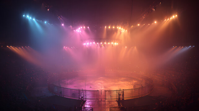 Stadium fight, championship, and spotlight event colorful arena ring. 