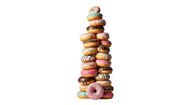 Tower of assorted donuts isolated on transparent background, sweet and colorful