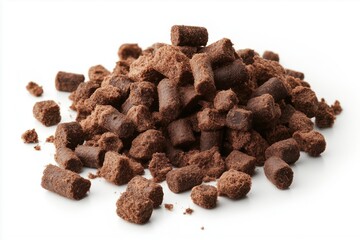 Obraz premium Pile of peat pellets in mixed cylindrical pieces isolated on a clean white background.