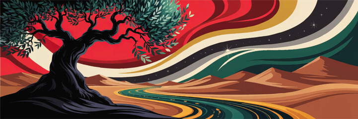 Surreal desert landscape with ancient tree, winding river and colorful cosmic sky, vibrant abstract fantasy nature illustration