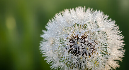 A delicate dandelion seed head, or puffball, covered in glistening morning dew drops with a soft-focus green background.