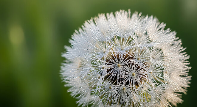 A delicate dandelion seed head, or puffball, covered in glistening morning dew drops with a soft-focus green background.