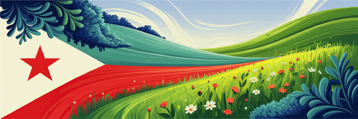 Obraz premium Colorful spring meadow landscape with flag star motif, rolling green hills, wildflowers and blue sky vector illustration