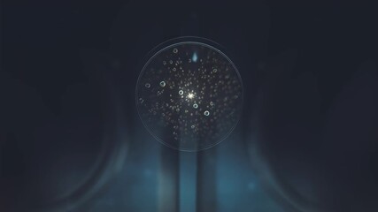 Close-up of microscope eyepieces, between which glowing circular image with viewed biological or chemical content appears. Concept of research and biotechnology.