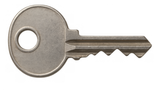 Single metal key opening access, providing security solution, unlocking opportunity, isolated on transparent background