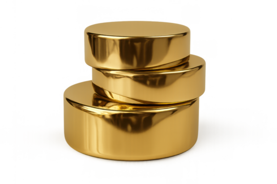 Golden stack of three reflective cylinders, creating a luxurious product display stand or podium against a transparent background