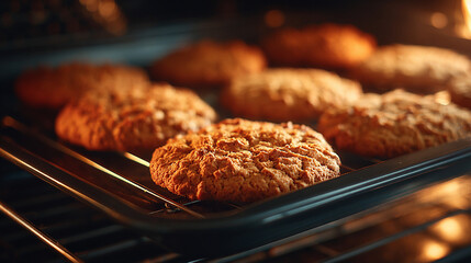A tray of freshly baked cookies just pulled from the oven, their golden-brown edges still glistening with warmth. Soft steam rises gently as the cookies rest on the baking sheet, showcasing their gooe