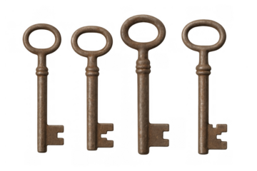 Four rustic antique metal skeleton keys on transparent background opening secrets and history