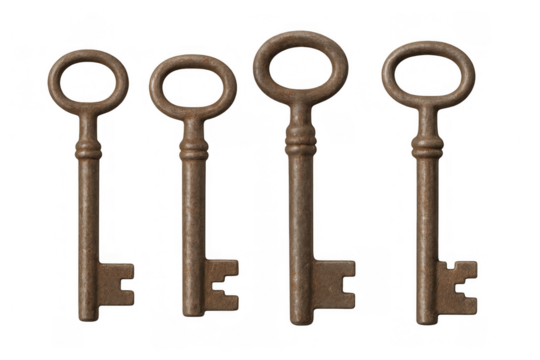 Four rustic antique metal skeleton keys on transparent background opening secrets and history