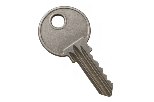 Metal key unlocking solution demonstrating security access concept on transparent background