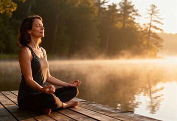 Fototapeta premium Peaceful Woman Meditating at Sunrise - For wellness and mindfulness content