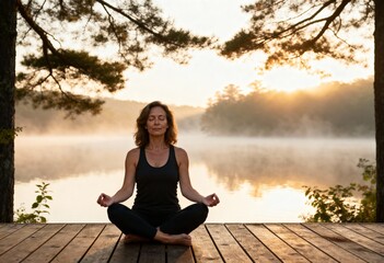 Fototapeta premium Peaceful Woman Meditating at Sunrise - For wellness and mindfulness content