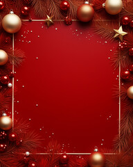 Luxury vertical Christmas background with copy space framed by metallic red and gold pine branches and festive ornaments. Perfect for holiday greeting cards, sale banners, or seasonal announcements.