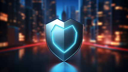 metallic shield icon with a glowing blue neon border standing on a reflective surface against a blurred, futuristic cityscape, perfectly symbolizing cybersecurity, digital defense, protection