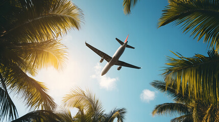 a passenger airplane taking off or landing, silhouetted against a bright blue sky, framed by sunlit palm tree leaves, symbolizing tropical travel, exotic vacations, and air transportation.