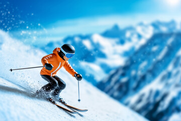Miniature figure of a skier in bright orange jacket carving fresh powder on a steep alpine slope. Ideal for winter sports promotion, travel, or action hobby concepts.
