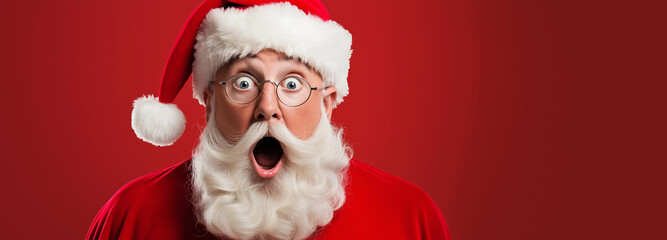 shocked, funny Santa Claus with wide eyes and an open mouth (O-shaped), expressing surprise or astonishment against a vibrant red background, perfect for holiday announcements and deals.