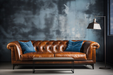 Distressed brown leather Chesterfield sofa with blue velvet cushions, centered in a modern industrial loft against a textured, moody dark blue grunge wall, illuminated by a contemporary floor lamp.