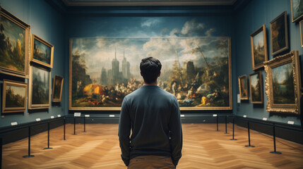 Solitary man, standing alone inside a dimly lit art museum gallery, deeply contemplating a large, dramatic historical painting, symbolizing culture, introspection, and appreciation of fine art.