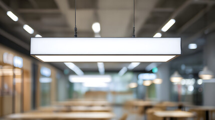 Blank Signboard in Modern Interior: A contemporary rectangular signboard hangs prominently in a modern interior setting, bathed in ambient lighting. Its clean.