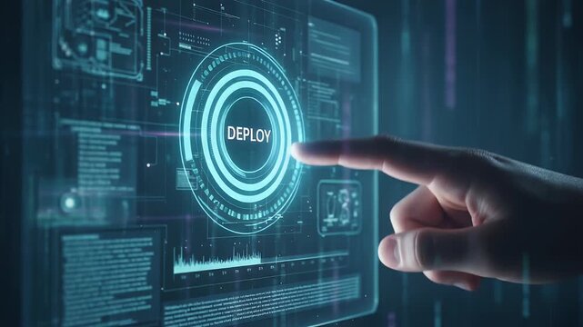 Hand pressing a glowing blue button labeled DEPLOY on a futuristic digital interface.