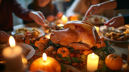 Thanksgiving family dinner with roasted turkey being served, festive candles and pumpkins. Cozy atmosphere, joyful autumn celebration at home table. Warm cozy celebration and traditional holiday meal.