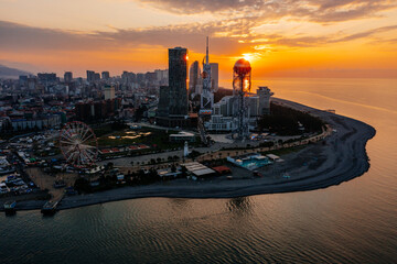 Drone aerial panoramic view of evening sunset at Batumi City, Georgia