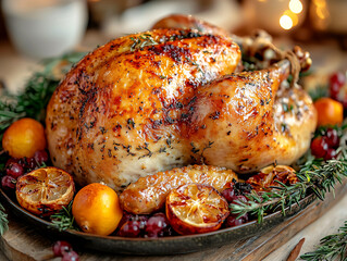 Whole golden-brown roasted turkey with oranges, herbs, cranberries. Thanksgiving or Christmas dinner. Warm traditional New Year atmosphere and holiday feast. Festive family meal. Seasonal marketing.