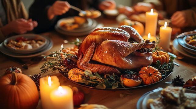 Family gathering around Thanksgiving dinner table with roasted turkey, pumpkins, candles. Festive meal, gratitude celebration concept. Evening scene. Feast, home cooking, holiday family connection.