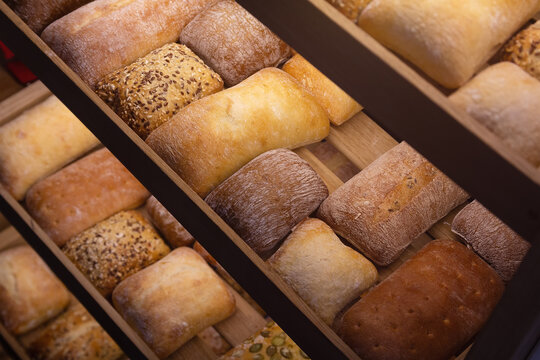 Fresh delicious bread on the counter of the shop