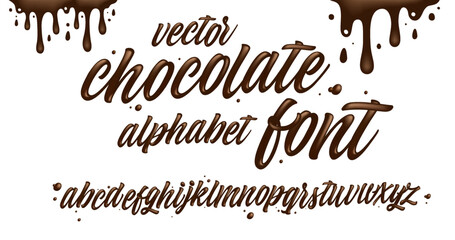 Latin alphabet made of dark melted chocolate with border. Sweet food packaging font. Liquid font style. Vector illustration.	