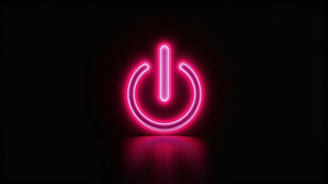 Pink Neon Power Button Glowing On Black Background.