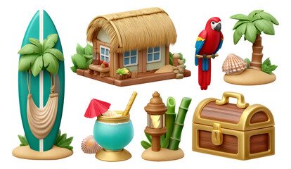 Tropical Island Adventure: Summer Paradise Elements in 3D Illustration