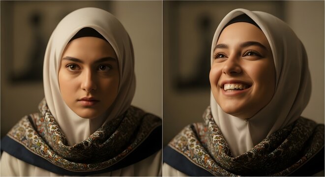 A portrait of a young woman wearing a hijab with a calm expression in the first image and a joyful smile in the second image, showcasing different emotions and expressions
