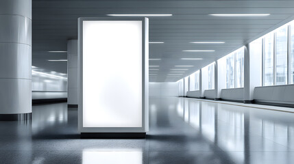 Billboard Display in the Modern Terminal: An inviting indoor scene of an empty billboard sign in an modern hall of a building.