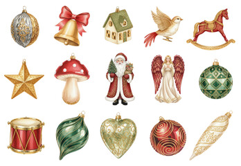 Naklejka premium Watercolor Christmas Ornament Set with Santa, Angel, and Vintage Toys