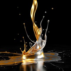 Dynamic splash of metallic gold and silver liquids creating an elegant and captivating visual effect against a black background