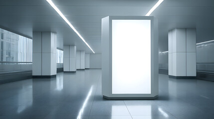 Blank Billboard in Modern Space: A minimalist scene featuring a sleek, blank billboard, standing prominently in a clean, modern architectural space, ready to display your message.