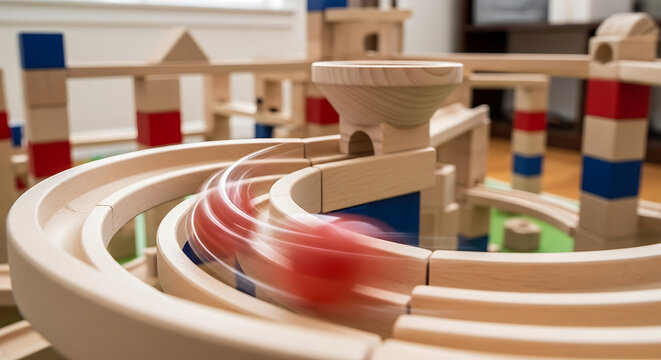 A red marble with motion blur speeds down a curved track of a complex wooden marble run construction toy.