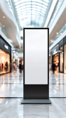 Signage in Retail Space: A sleek, blank advertising board stands prominently within a modern shopping mall. The blurred backdrop suggests a bustling commercial environment.